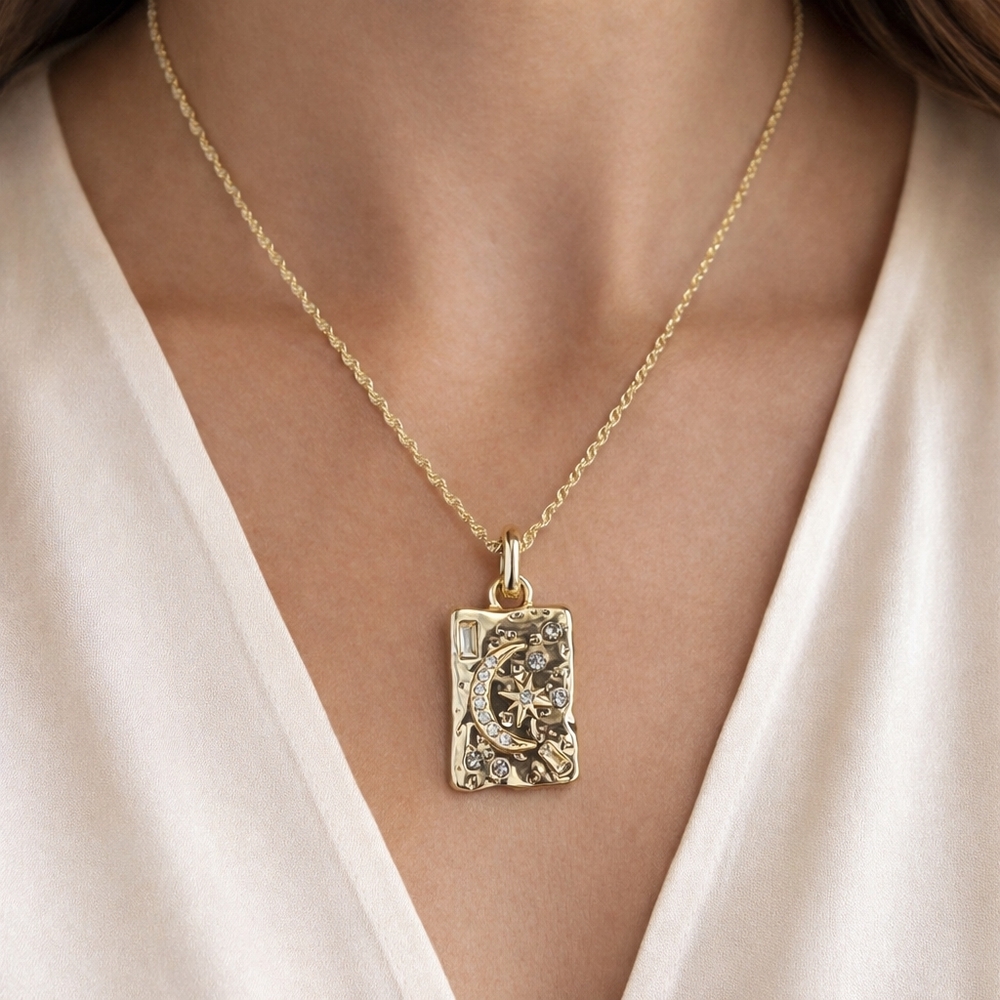 Moon & Starburst Celestial Necklace 18K Gold Plated Rope Chain - Picture 4 of 7